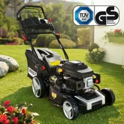 Tondeuse Thermique Autotractée 46 Cm, 224cc, Démarrage électrique ESTART PREMIUM 7CV, Mulching, Réglage Central Hauteur De Coupe, Boite De Vitesse De Marque GT, Capot En Tôle En Acier - De BRAST